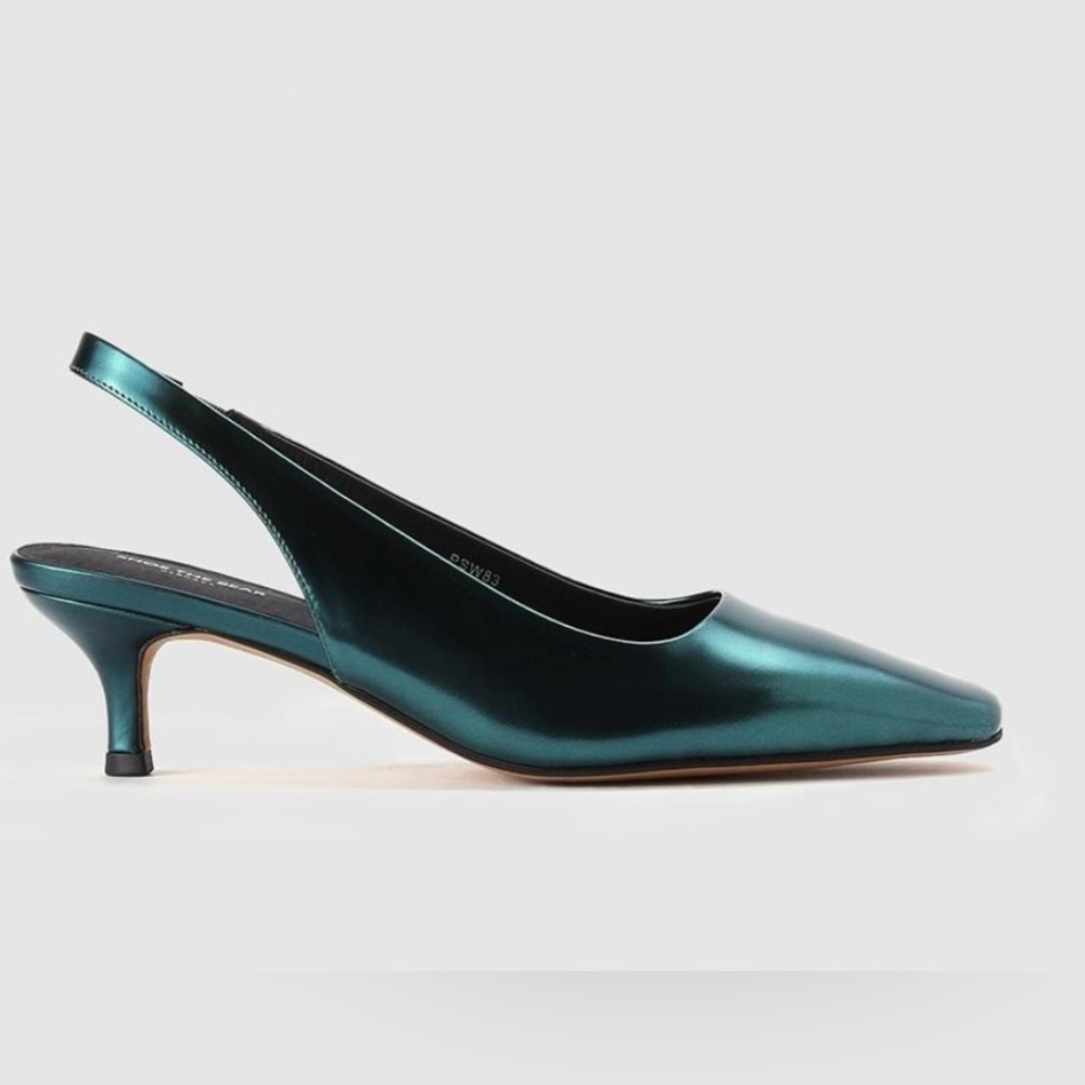 SHOE THE BEAR MAXINE METALLIC SLINGBACK HEELS IN TEAL METALLIC SZ 38